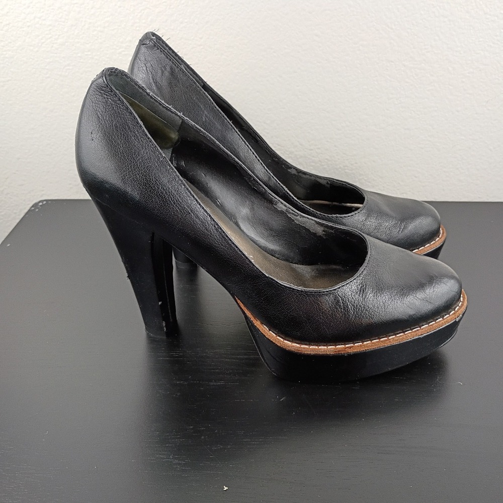 Nine West Womens Black Leather Platform Pumps Round Toe Block Heel Size 7.5M - Picture 2 of 11